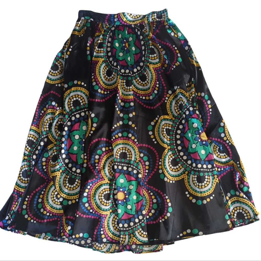 M by Shakara Polka Dot Pleated Floral Lined Boho A-Line Maxi Skirt 8 Black Pink
